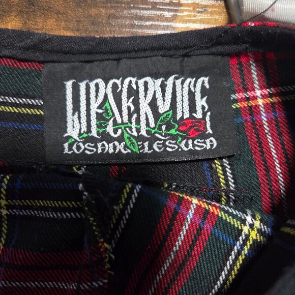 🖤💀 VINTAGE 90s Lip Service Plaid Safety Pin Mini Skirt 💀🖤 - Picture 3 of 3